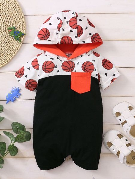 

baby basketball print pocket patched hooded romper she, Blue