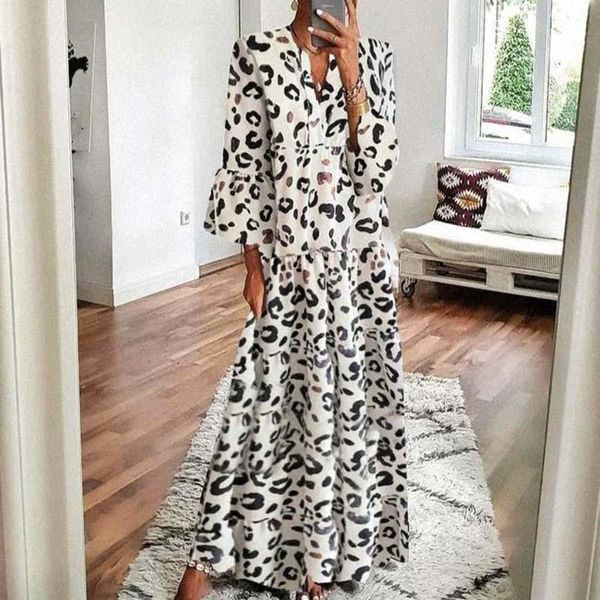 

casual dresses 2021 spring summer boho dress leopard print retro long party women v neck flare sleeve loose maxi vestido, Black;gray