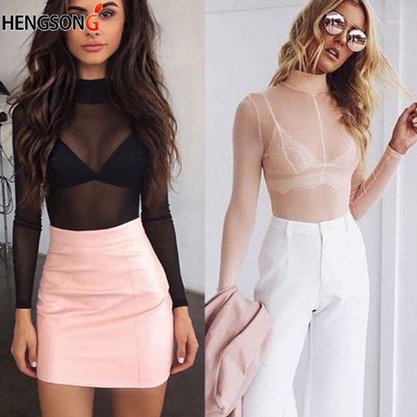 

women's t-shirt laides t shirt see through transparent crop girl long sleeve shirts turtleneck layer mesh tees female ladies, White