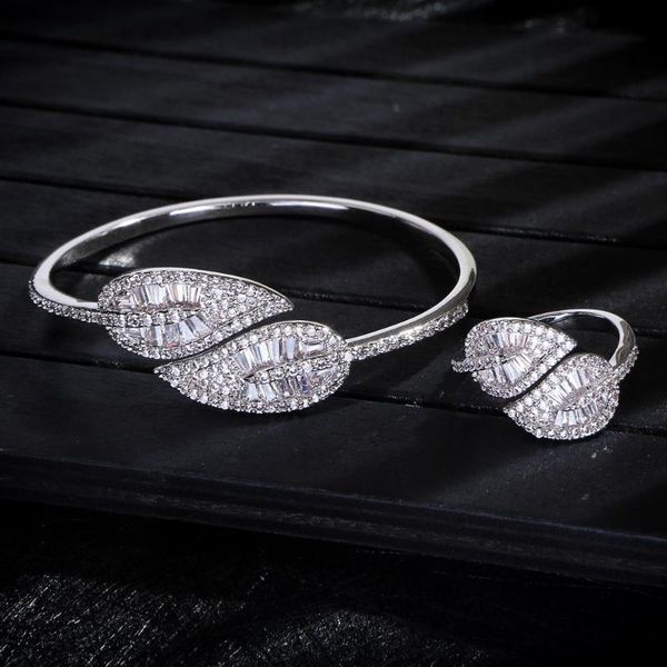 

luxury leaf shape bangle ring sets fashion dubai bridal jewelry for women wedding brincos para as mulheres s0720, Black