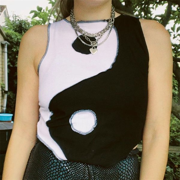 

missnight patchwork gothic o neck sleeveless tank yin and yang printed harajuku crop tank dark goth streetwear 210319, Black