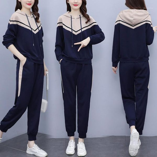 

women's two piece pants autumn 2021 large size casual sports suit fashion hooded hoodie pant slimming and aging sets, White