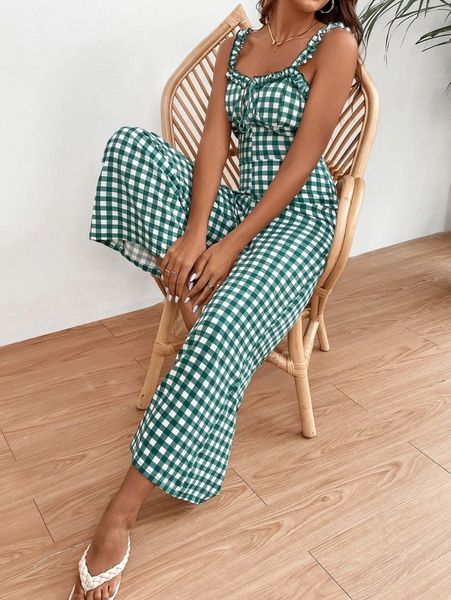 

gingham print frill wide leg jumpsuit d2wp#, White