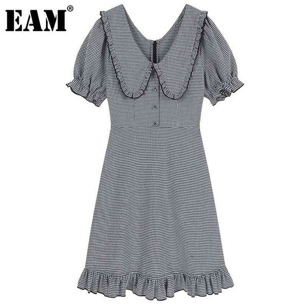 

[eam] women black plaid ruffles long dress peter pan collar short sleeve loose fit fashion spring summer 1dd8741 210512, Black;gray