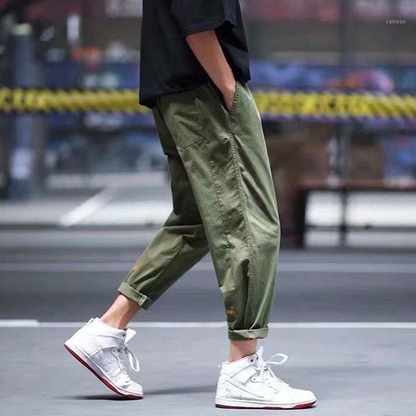 

men's pants 2021 summer spring mens solid color casual cargo korean style men loose mid waist pencil trousers pantalones hombre, Black