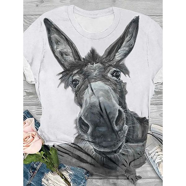 

donkey pattern women's fashion style 3d printing round neck casual streetwear summer basic short-sleeved t-shirt, White