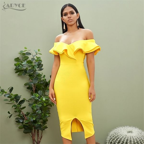 Adyce 2021 New Summer Sexy Off Ombro Mulheres Bandage Dress Ruffles Slash Pescoço Amarelo Branco Clube Celebridade Party Driver Vestidos 210320