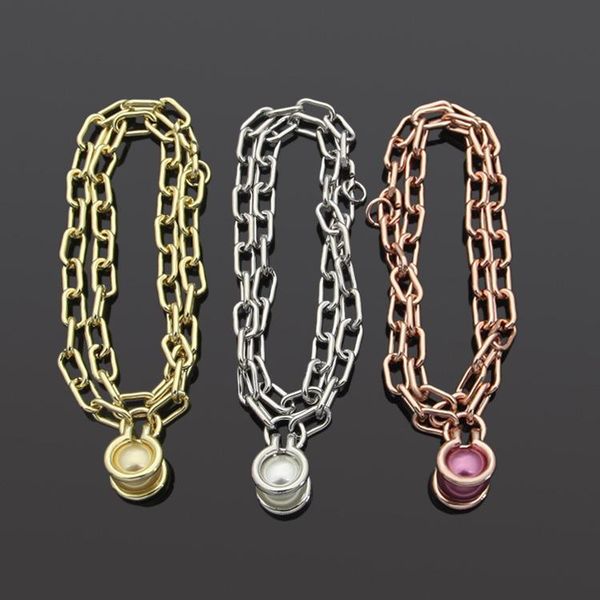 

link, chain wholesale titanium steel t letter double hanging color pearl bracelet women's foreign trade, Black