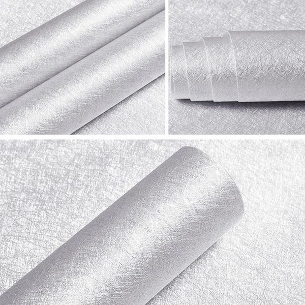 

wallpapers 0.6x6m solid color wallpaper self adhesive film for living room bed wall decor white silver silk textured