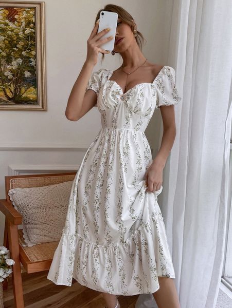 

allover floral sweetheart neck dress u3go#, Black;gray