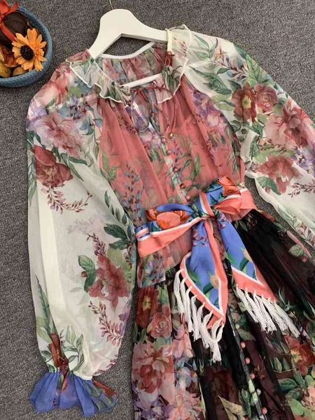 

capris 2021 summer women vintage flower print tunic butons tassel belt deco long sleeve casual maxi, Black;gray