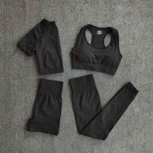

wareball - women's yoga gym sportswear, long short sved high waist tights, sports suit, 4 piec., Gray