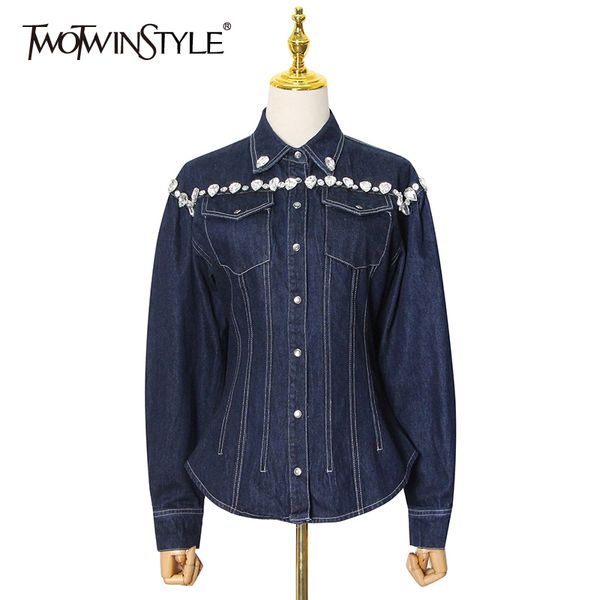 Twotwinstyle denim jaqueta diamante de retalhos para mulheres lapela manga longa túnica jaqueta feminino moda roupas outono 210517