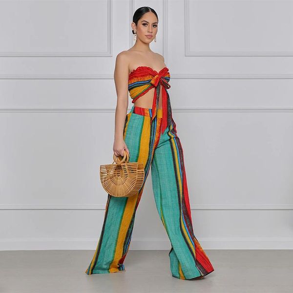 

stripe print elegant two piece set women's costumes sleeveless bow tie crop and wide leg pant party wear suits pants, White