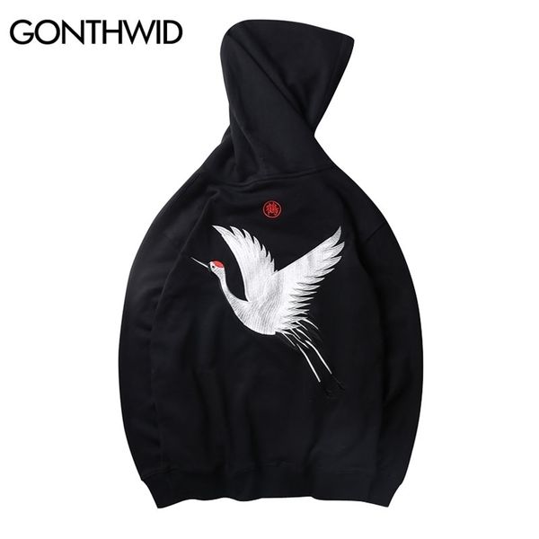 

gonthwid embroidery japanese crane hoodies men/women hip hop casual streetwear hooded sweatshirts harajuku male hoodie 210818, Black