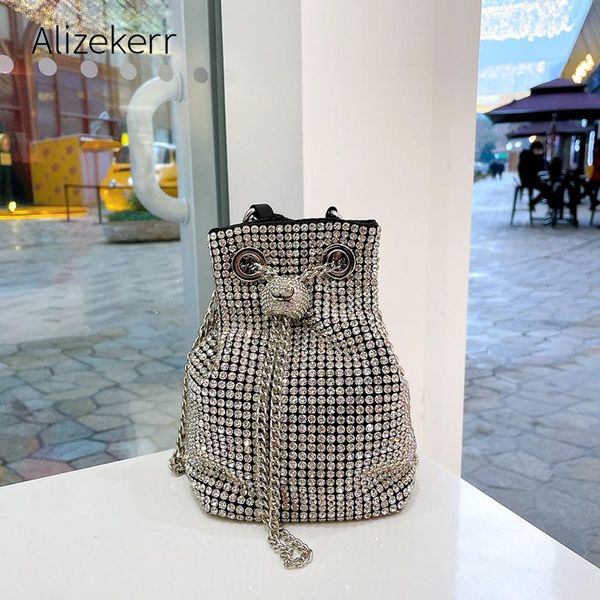 

evening bags diamonds bucket chain shoulder women 2021 luxury designer silver crystal rhinestones purses and handbags high quality