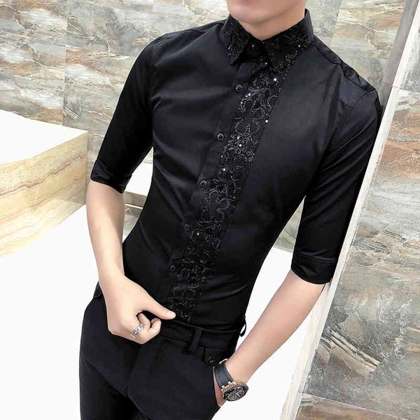 

t shirts british male shirt spring summer clothes 2021 half manly sleeve lace casual slash thin trim men's 3xl n1j4, White;black
