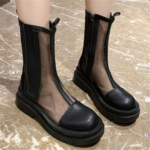 

boots women retro classic transparent mesh leather patchwork ankle short 2021 black white ladies thick sole