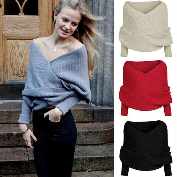 

fashion women off shoulder cross sweaters wrap solid long sleeve short blouse pullover knitwear autumn, White;black