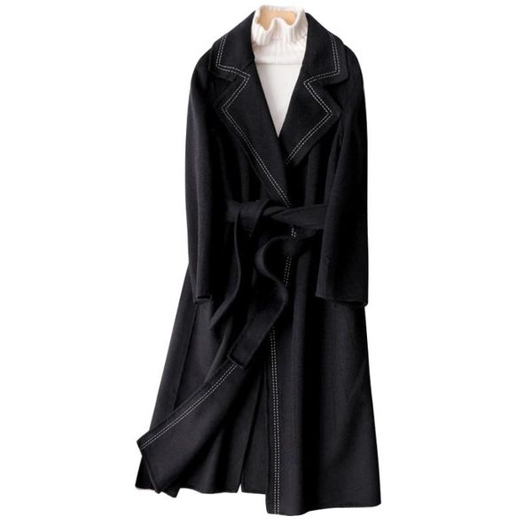 

women's wool & blends 2021 double faced cashmere women coats black korea style slim woolen mid-long high end lady overcoats