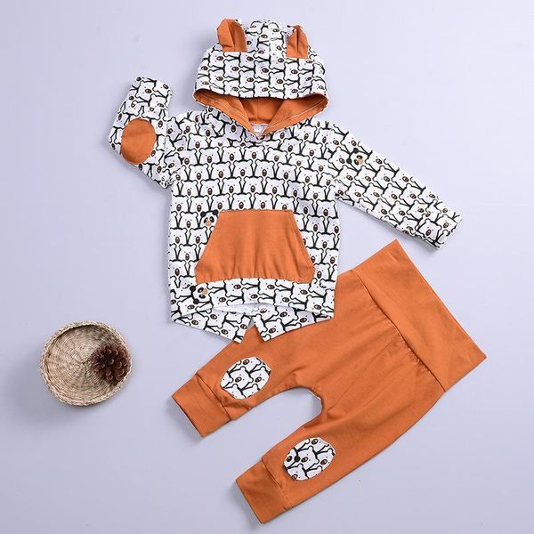 

clothing sets 0-24m cartoon hooded sweater suit cotton bear full print + trousers girl boy1, White