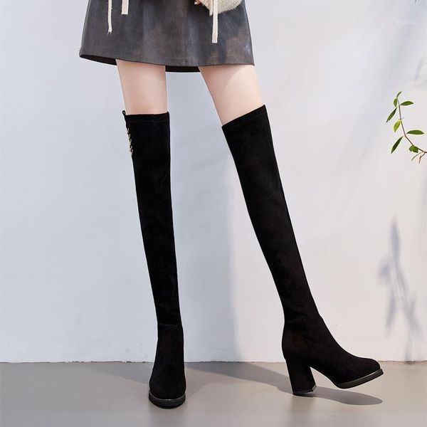 

boots thick heel over knee suede in autumn and winter 2021 show thin elastic1, Black