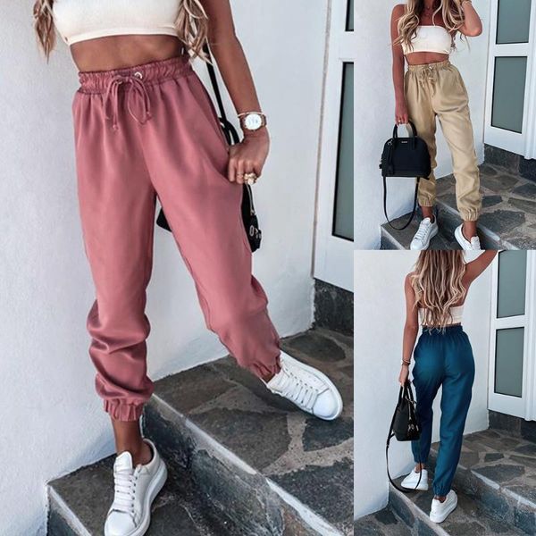 

autumn women solid color basic full length pants drawstring design pockets decor elastic high waist casual leggings 2021 women's & capr, Black;white