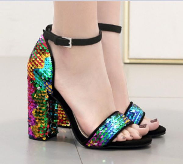 

european and american women chunky heel sandals color sequined buckle high heels shoes luxury designers wedding pumps, Black