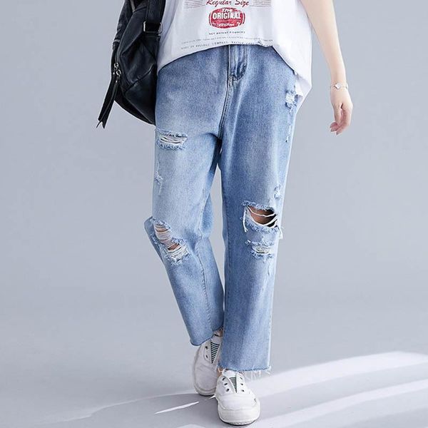 

women's jeans cropped high-rise denim pants women plus size waist 108cm hip 150cm 5xl 6xl 7xl 8xl loose thin hole blue color