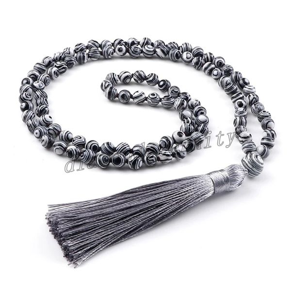 

grey malachite natural stone necklace handmade 108 beads mala elastic rope knotted tassel pendant necklace for women men jewelry, Silver