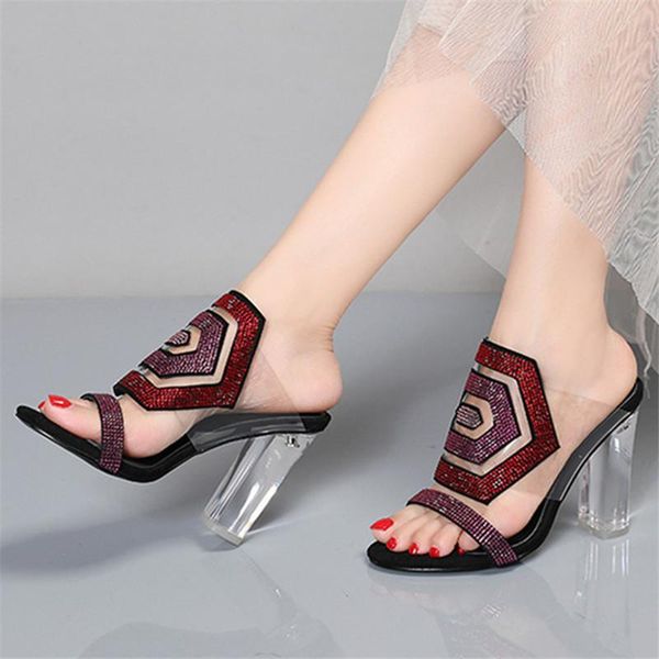 

rhinestone women slippers 10cm transparent high heel sandals prom dress shoes woman fashion slides mules clear heels big size, Black