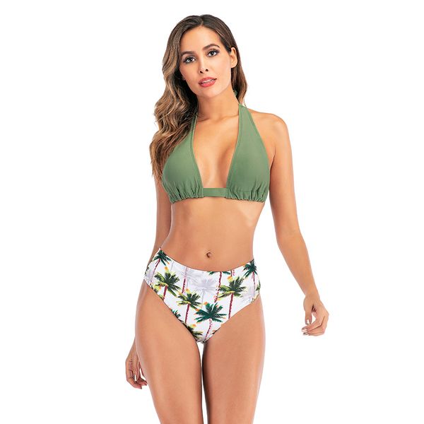 

2021 new green palm trees bikini baless halter high waist bikinis set biquini swimsuit swimwear women bathing suitby air