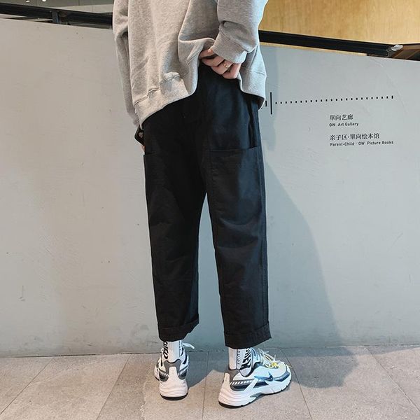 

men's pants cotton joggers fashion solid color casual overalls man streetwear wild hip hop loose straight tooling trousers male, Black