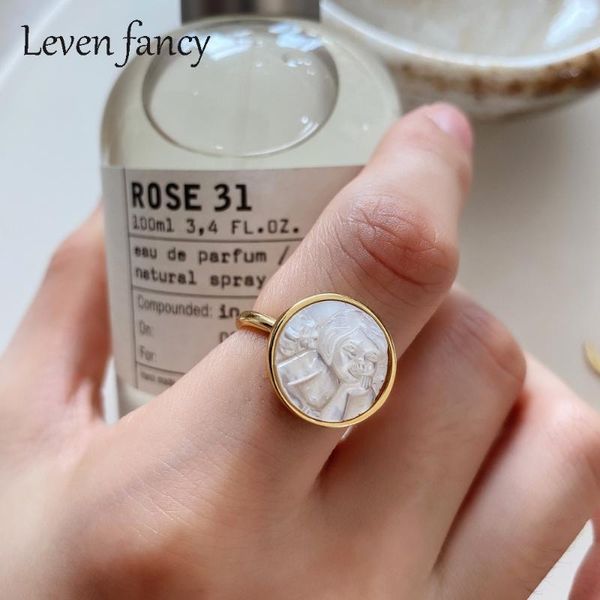 

cluster rings mother of pearl white shell angel baby charm ring 18k gold over 925 sterling silver open girls birthday jewelry gift 2021, Golden;silver