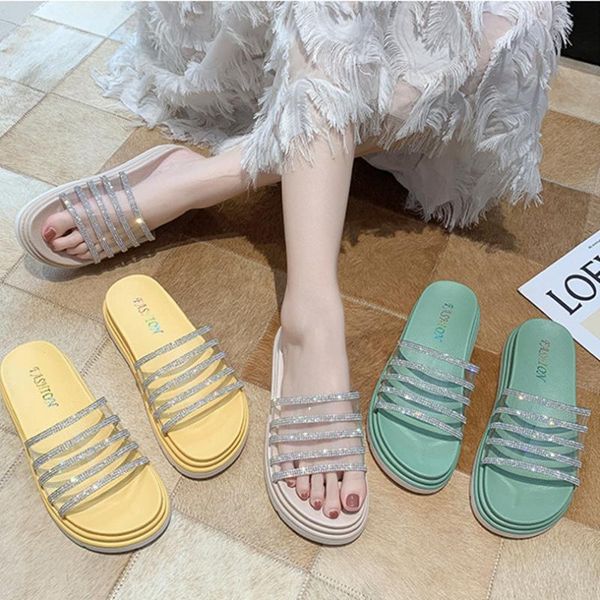 

outside transparent crystal women sandals soft thick platform non-slip beach ladies slippers wedges med (3cm-5cm) casual shoes, Black