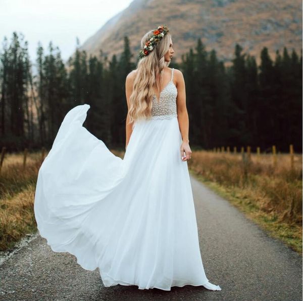 

spaghetti v neck country wedding gowns beaded backless robe de marrige long chiffon bride formal dress, White