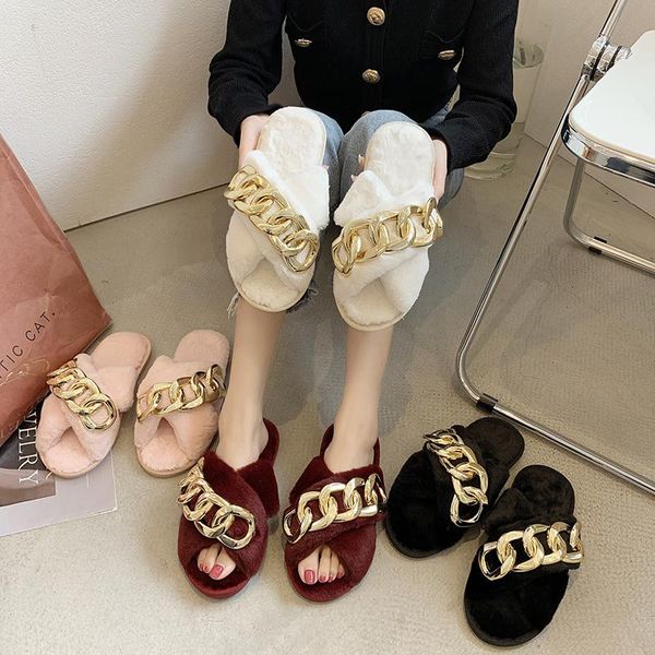 

slippers rivet shoes low home women's fur flip flops luxury slides loafers pantofle massage plush designer flat soft 2021 casual, Black
