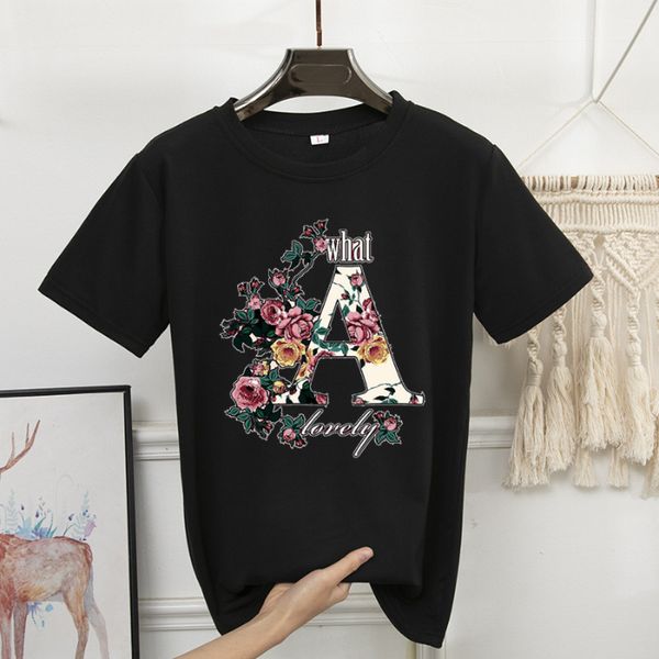 

women short sleeve t-shirt casual floral letter a print ladies loose shirt tee female print short sleeve camisetas mujer, White