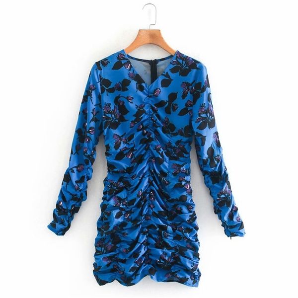 

summer women vintage pleated dress long sleeve v-neck floral print mini es female elegant fashion vestidos 210513, Black;gray