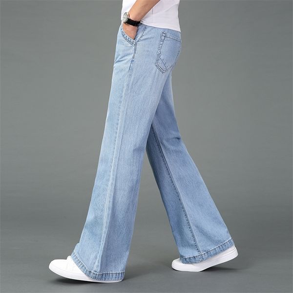 

men's summer thin light weight wide-leg straight jeans plus size business casual flare pants black blue 210723