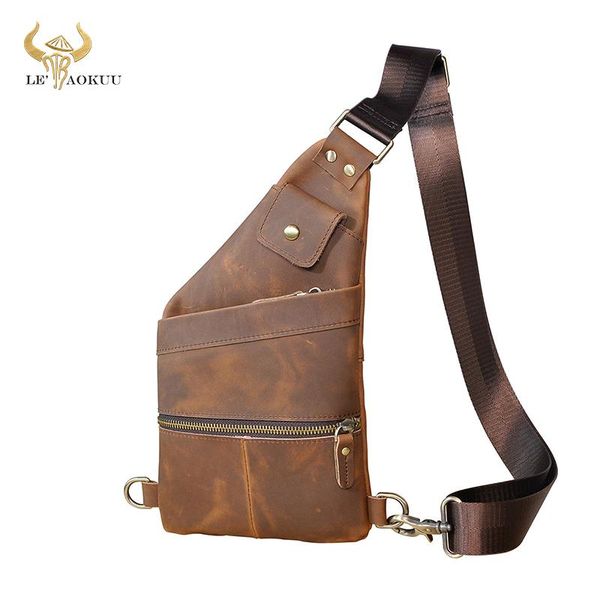 

men crazy horse leather casual fashion cross-body chest sling bag design travel 8" tablet one shoulder daypack male 20815 waist bags