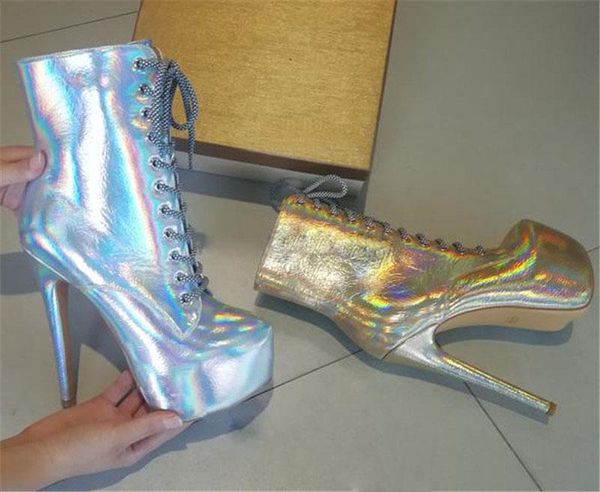 

boots fashion reflecting silver gold leather high platform ankle woman club party bling shoes thin heels lace up short boot, Black