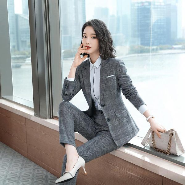 

pant suits set grid women's autumn female professional office lady blazer slim suit jackets + trousers two pieces & blazers, White;black