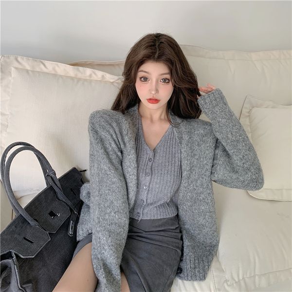 

2021 autumn winter korean style soft knittd cardigans womens grey sweaters cardigans womans (r99460), White;black
