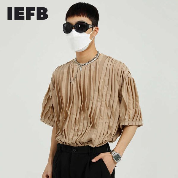 

iefb men's summer korean design trend pleated short sleeve t-shirt loose round neck causal tee male 9y7454 210629, White;black