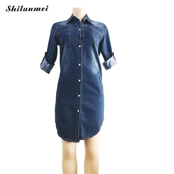 

casual dresses women lapel collar pockets blue 2021 autumn denim dress fashion female long sleeve loose straight, Black;gray