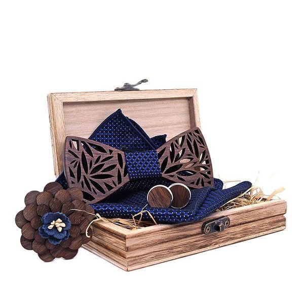 

bow ties paisley wooden tie handkerchief set men's plaid bowtie wood hollow carved cut out floral design and box fashion novelty, Black;gray