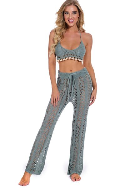 

h80&s90 women beachwear knitted hollow out pants see through mesh crochet flare swimwear bodycon party trouser clubwear women's, White;black