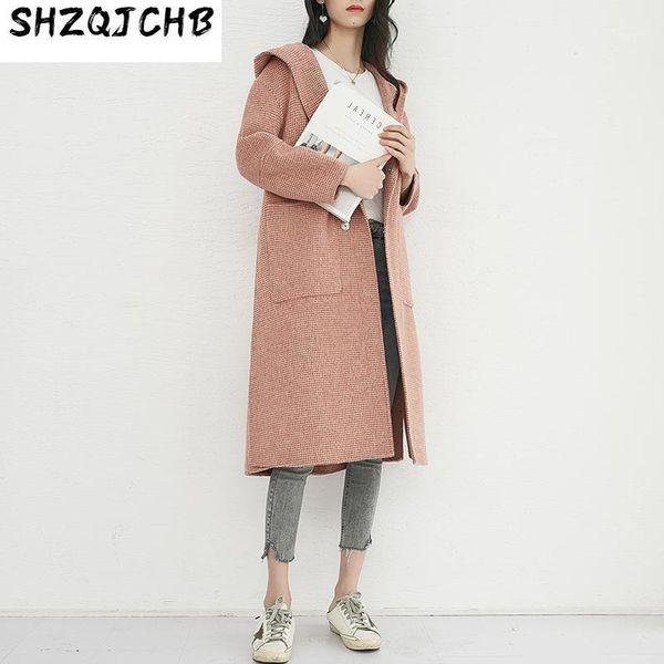 

women's wool jackets with hooded fashion solid cashmere coat casual loose girls ladies jac & blends, Black