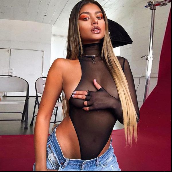 

summer bandage black mesh women jumpsuits see through club high neck one shoulder long sleeve bodysuits, Black;white